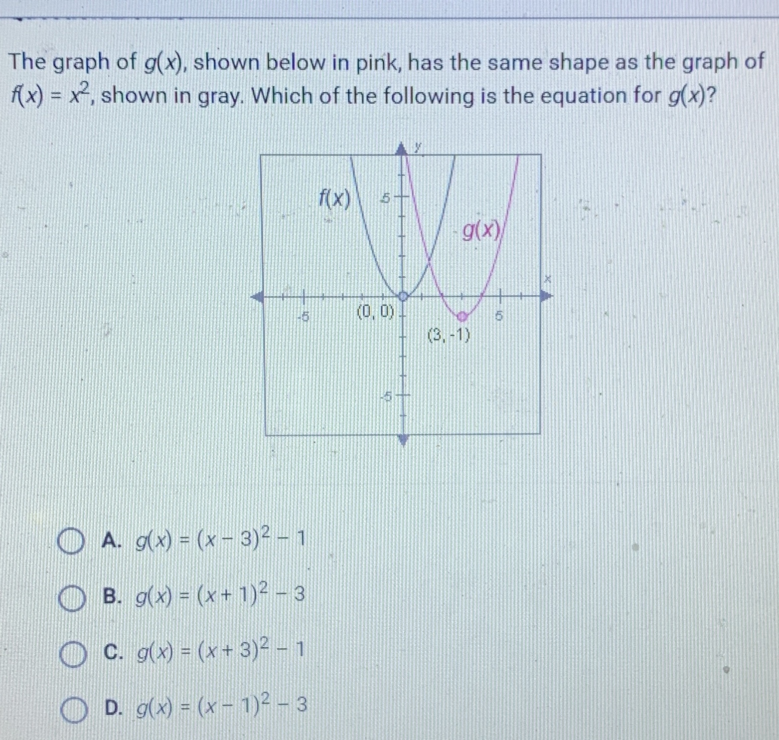 The graph of g(x), shown below in pink, has the