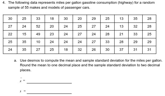 4. The following data represents miles per gallon