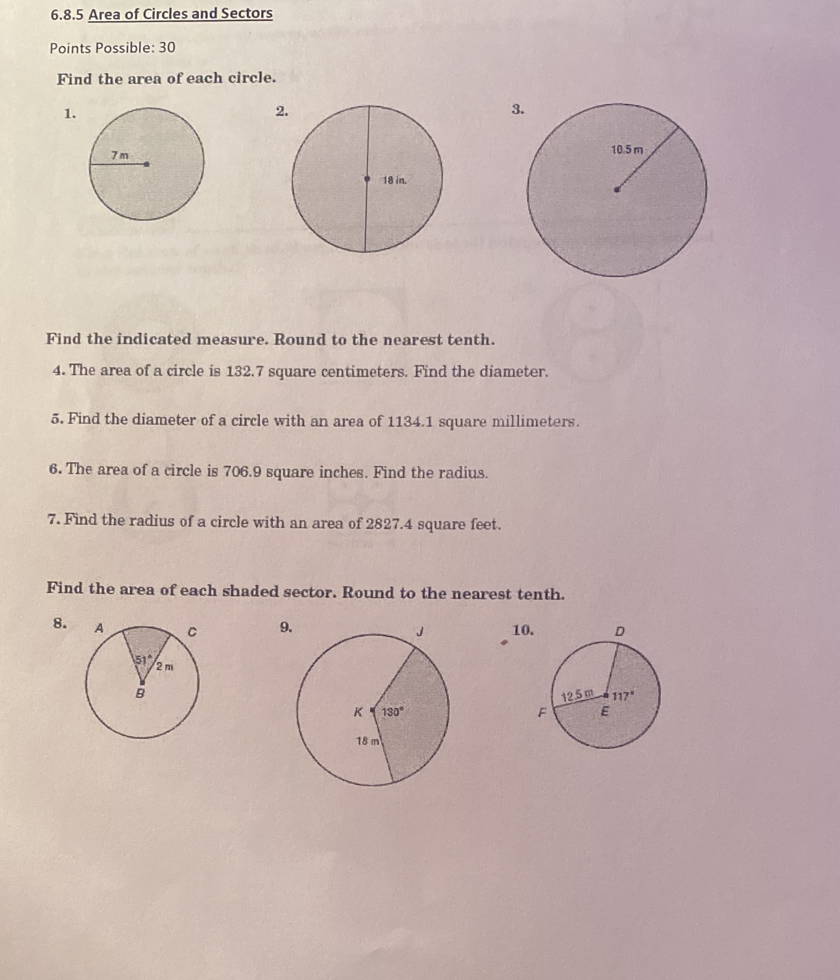 6.8.5 6.8.5 Area of Circles and Sectors Points