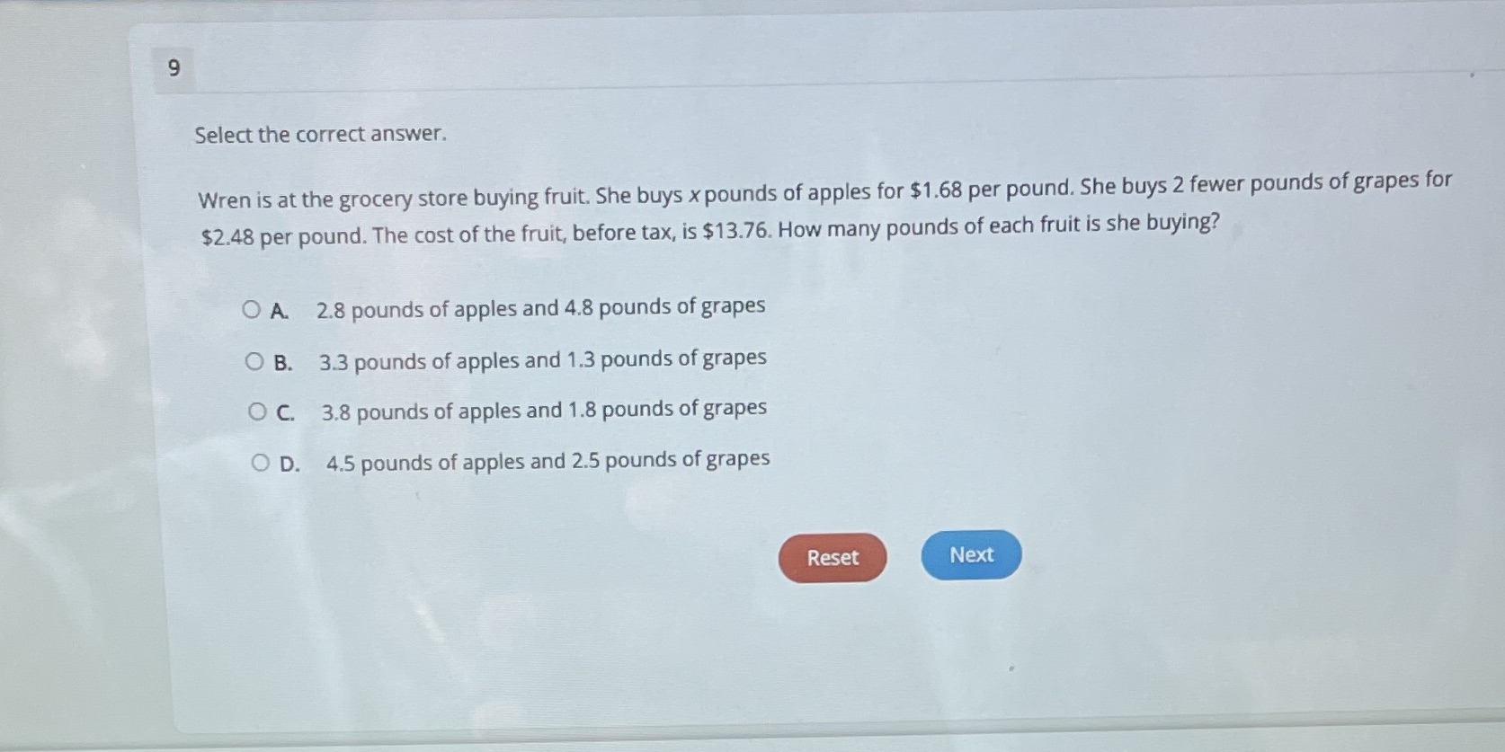 Select the correct answer. Wren is at the grocery