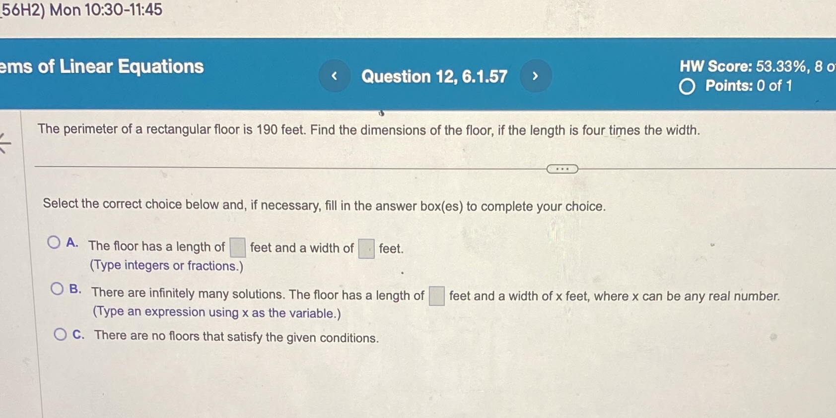 _56H2) Mon 10:30-11:45 HW Score: 53.33%. 8 o 0