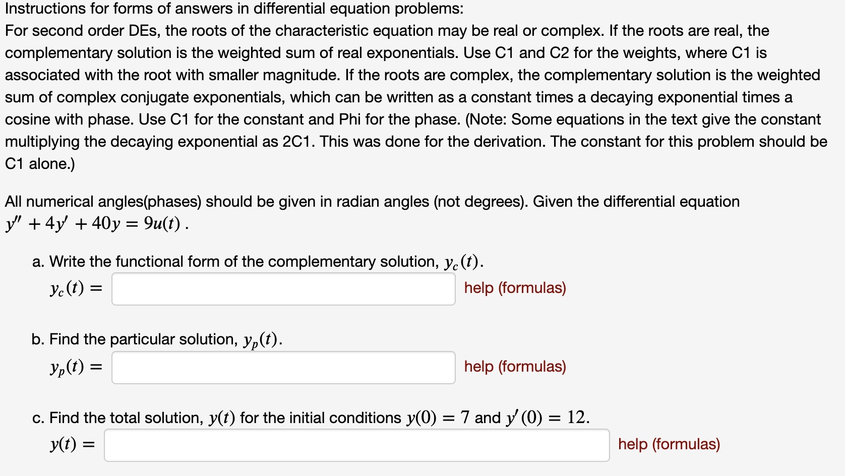 Instructions for forms of answers in differential