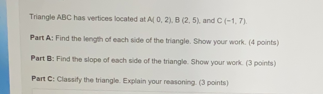 Triangle ABC has vertices located at A( 0, 2), B