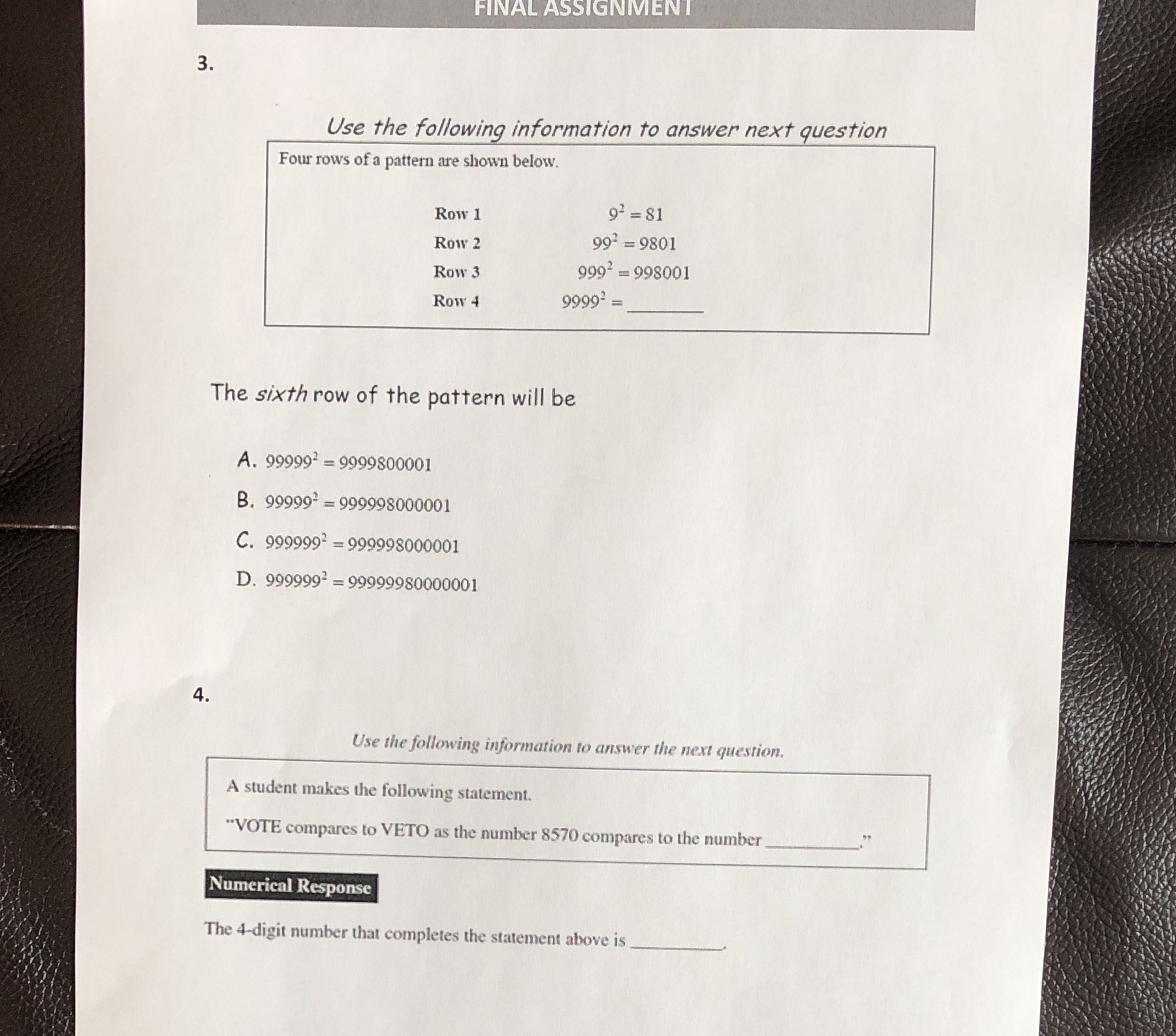 FINAL ASSIGNMENT 3. Use the following information