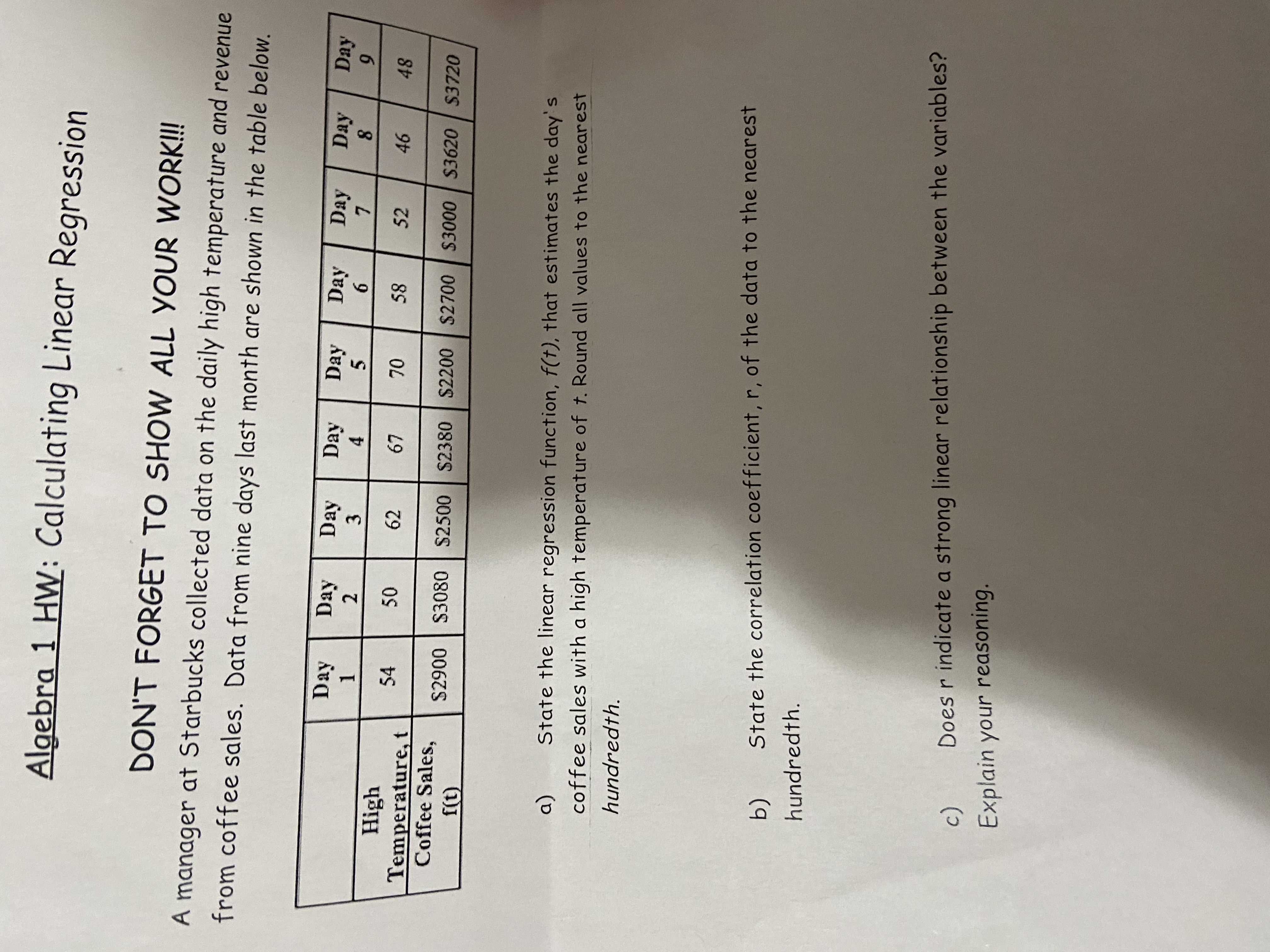 Algebra 1 HW: Calculating Linear Regression