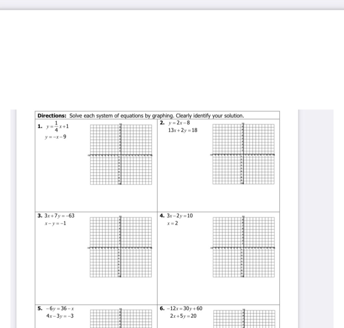 Directions: Solve each system of equations by