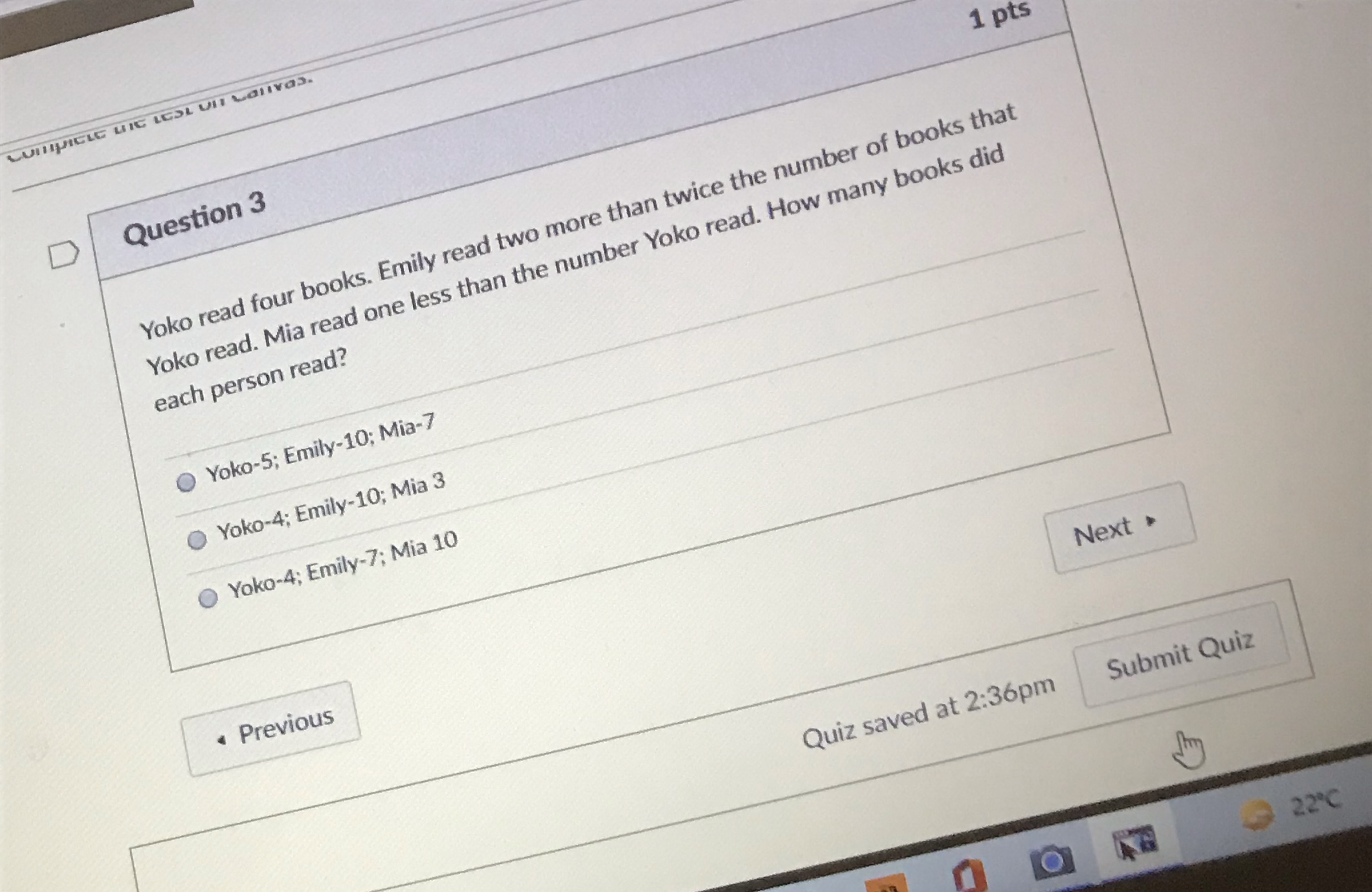 LUITHIELE UIC LESL UHI Lalivas. D Question 3 1