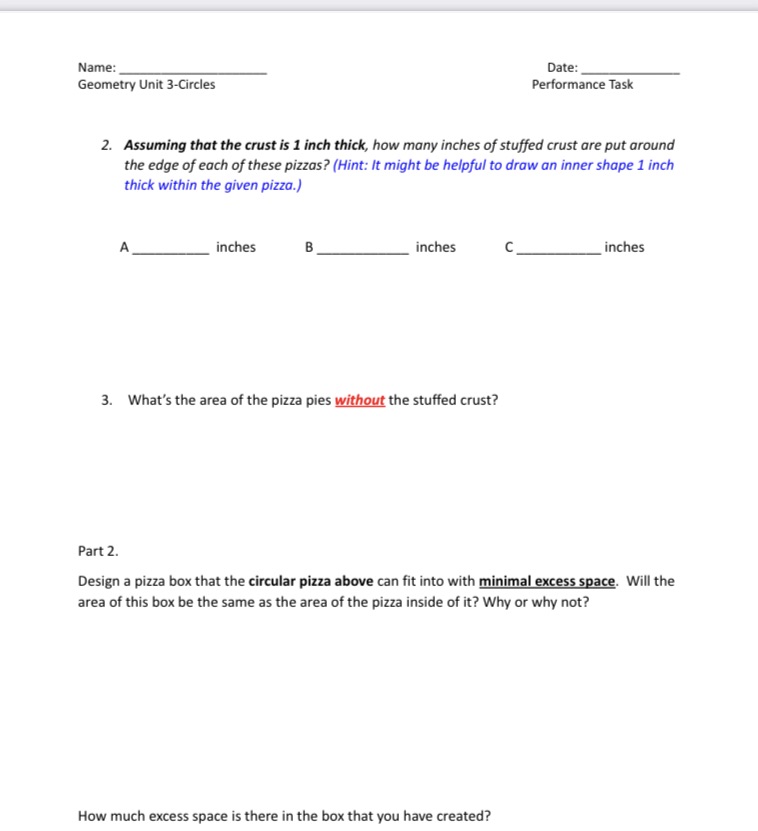Name: Date: Geometry Unit 3-Circles Performance