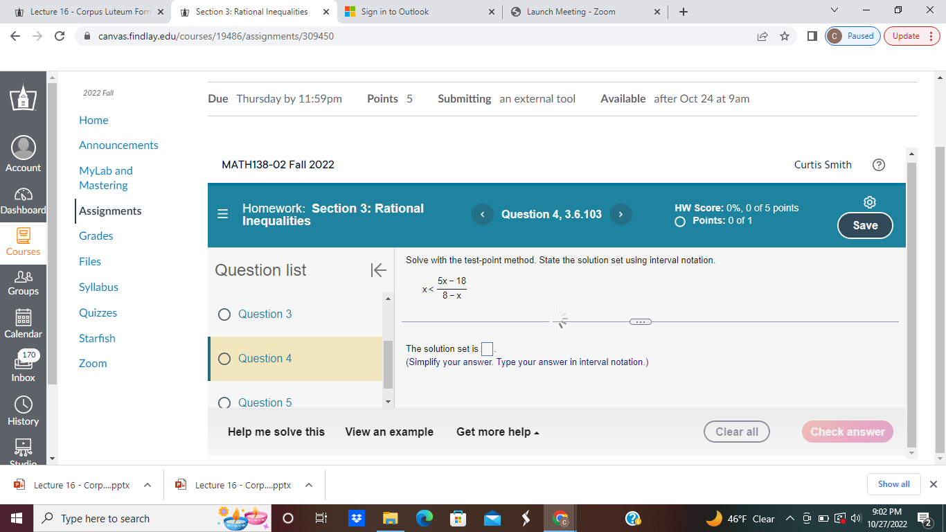 Section 3: Rational Inequalities X Sign in to