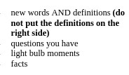 new words AND definitions (do not put the