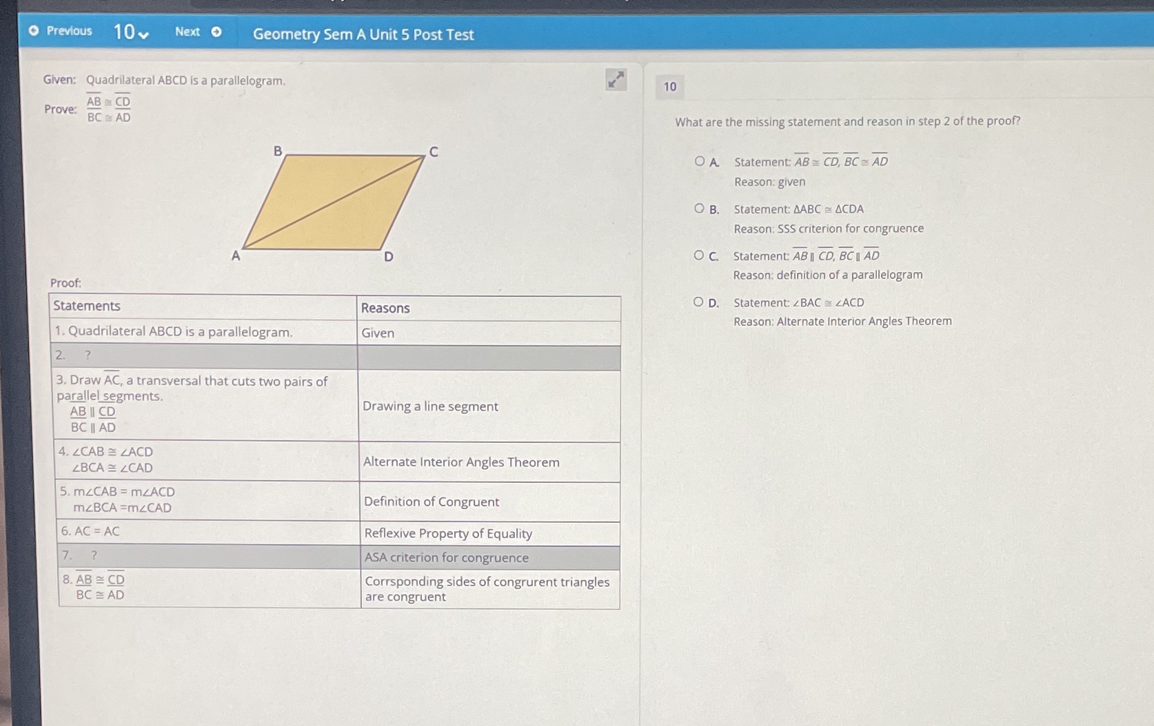 Previous 10v Next Geometry Sem A Unit 5 Post Test
