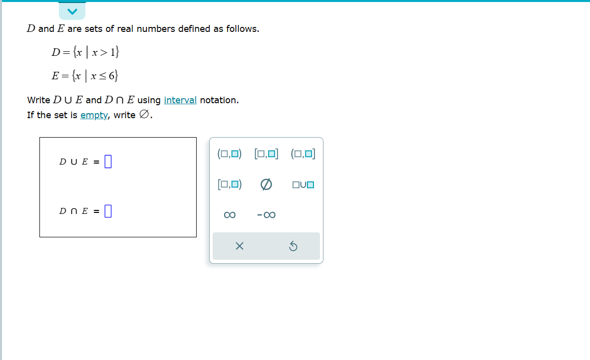 V D and E are sets of real numbers defined as