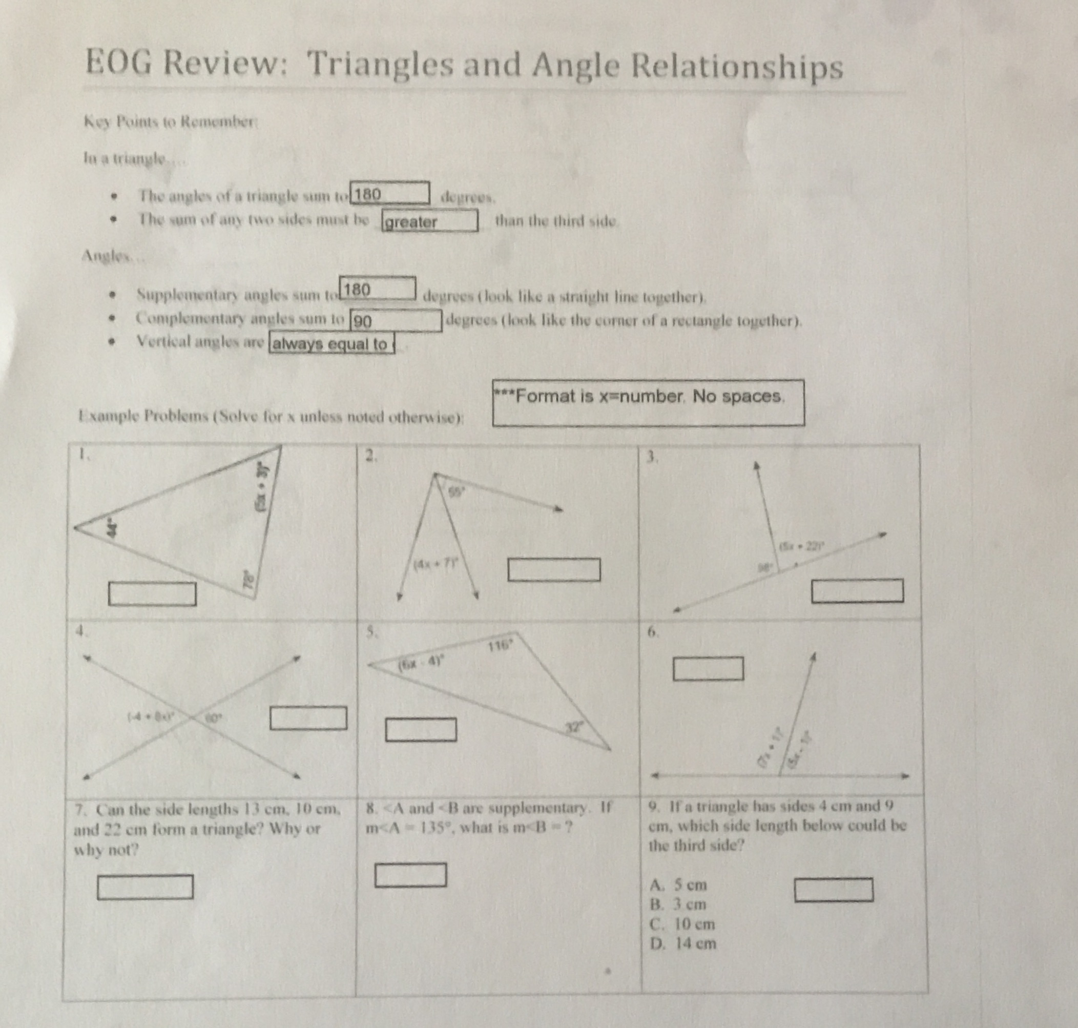 EOG Review: Triangles and Angle Relationships Key