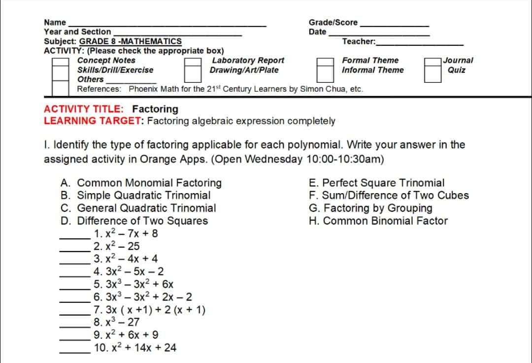 Name Grade/Score Year and Section Date Subject:
