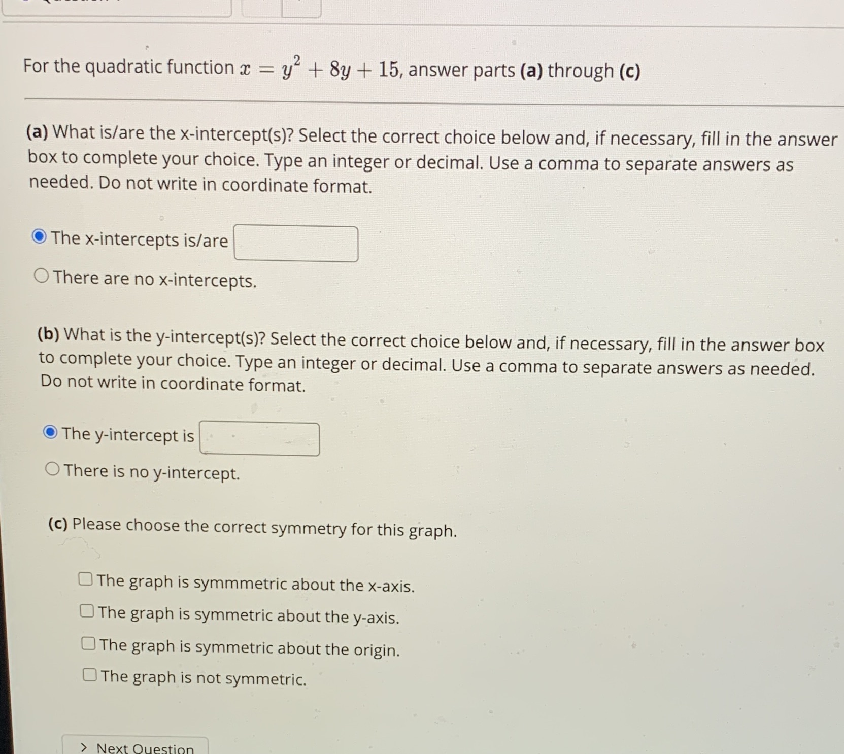 #1 help please For the quadratic function x =