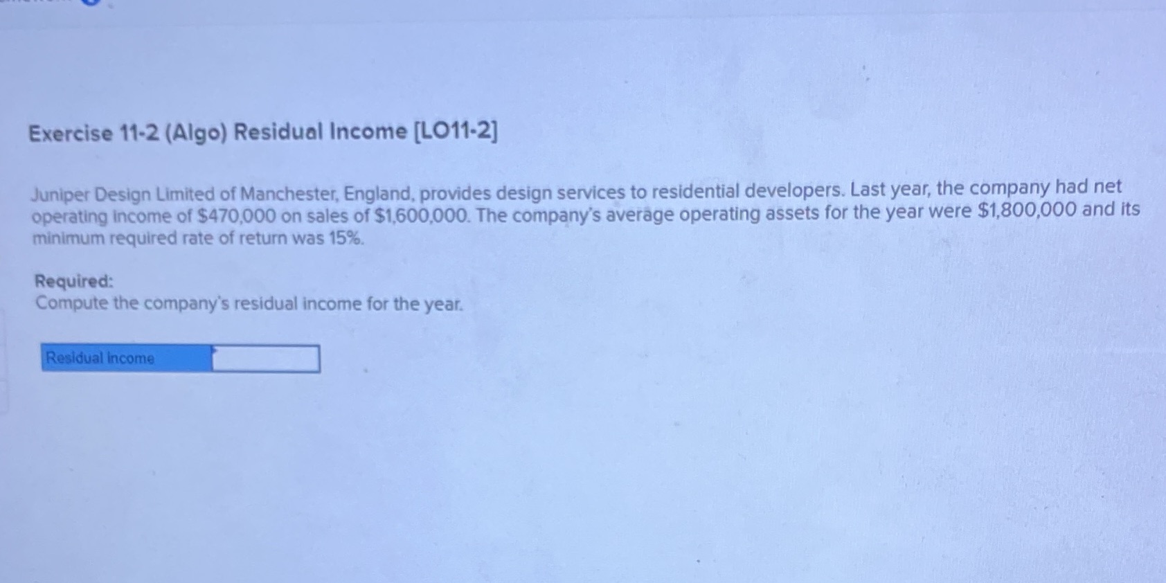 Exercise 11-2 (Algo) Residual Income [LO11-2]