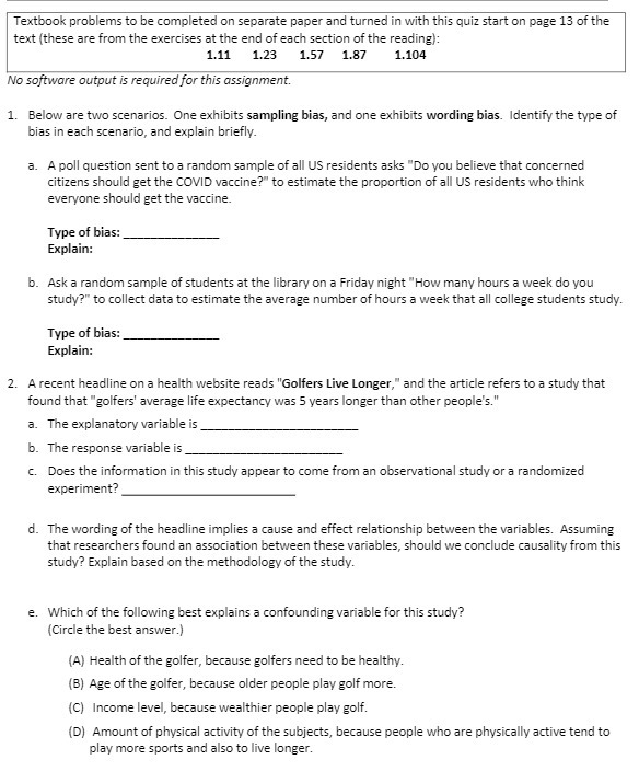 Textbook problems to be completed on separate