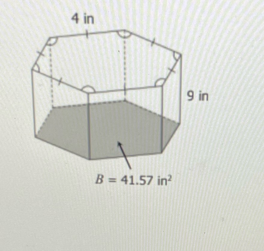 Find the volume of the hexagonal prism 4 in 9 in