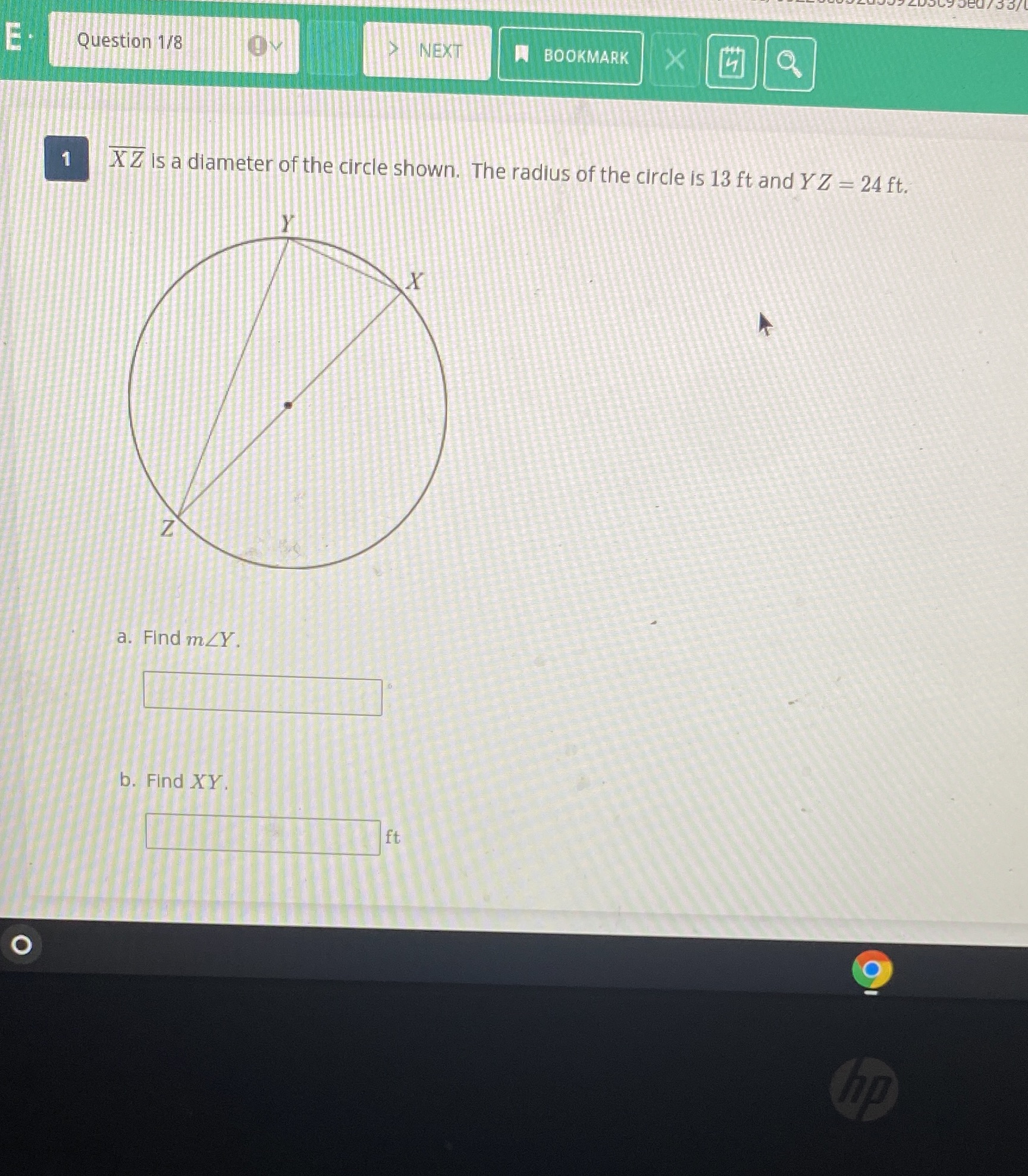 E Question 1/8 NEX BOOKMARK 1 X Z is a diameter