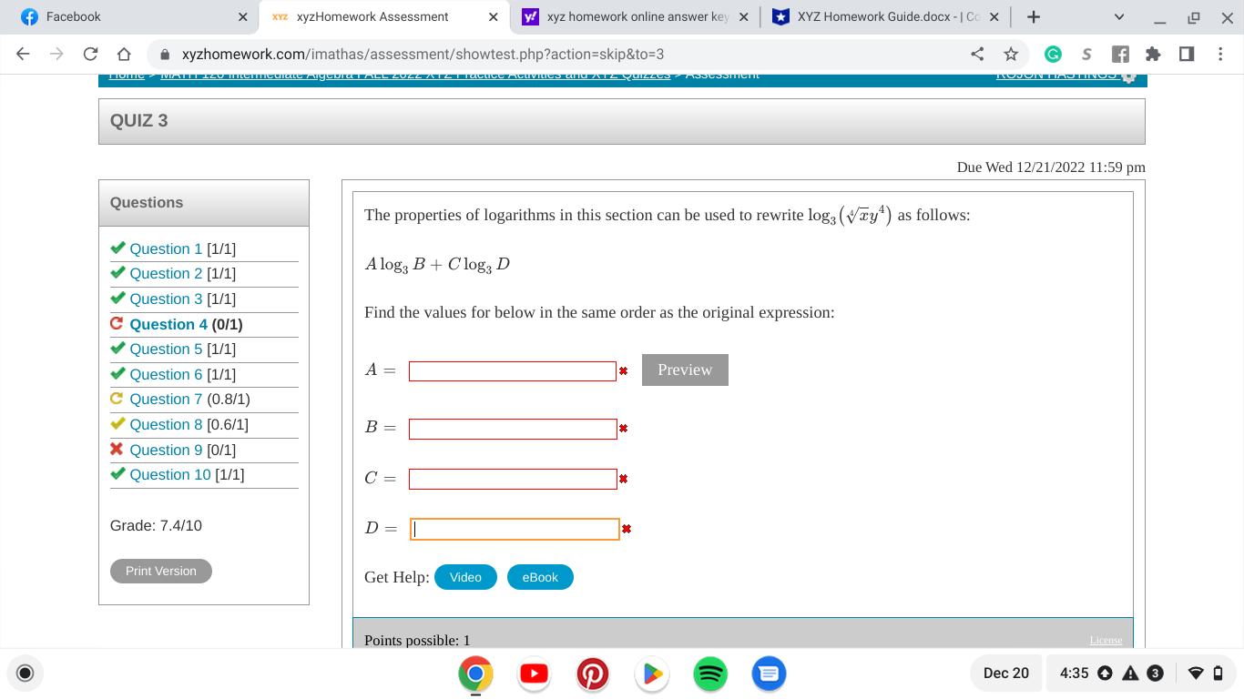 f Facebook X xYz xyzHomework Assessment X y/ xyz