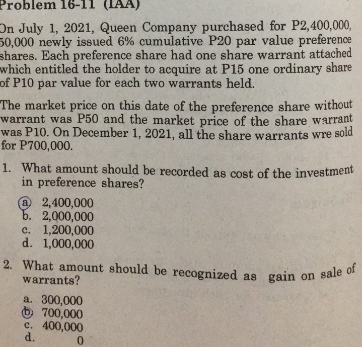 Problem 16-11 (IAA) On July 1, 2021, Queen