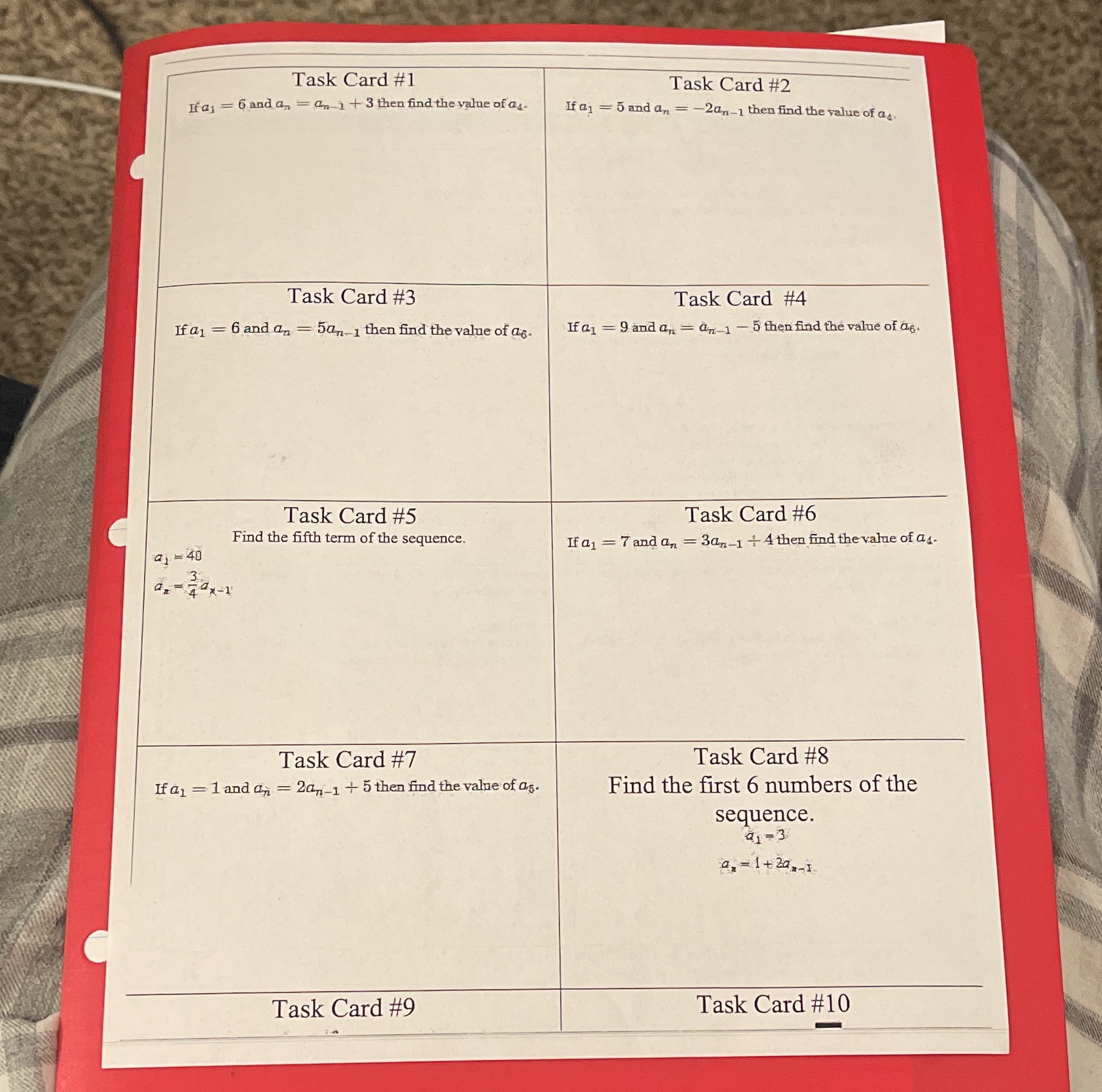 Task Card #1 Task Card #2 If aj = 6 and an = an 1