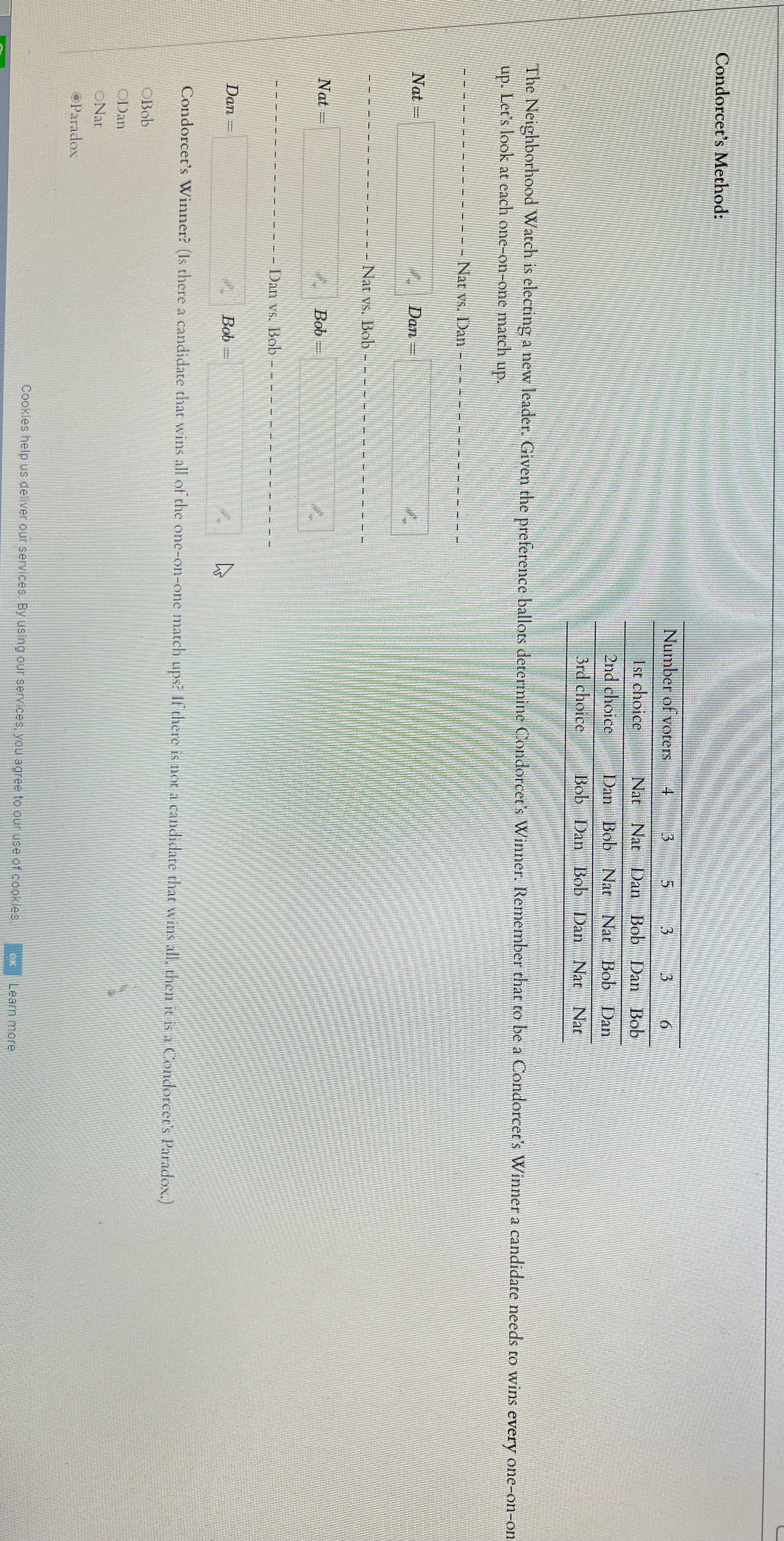 Condorcet's Method: Number + in Ist choice