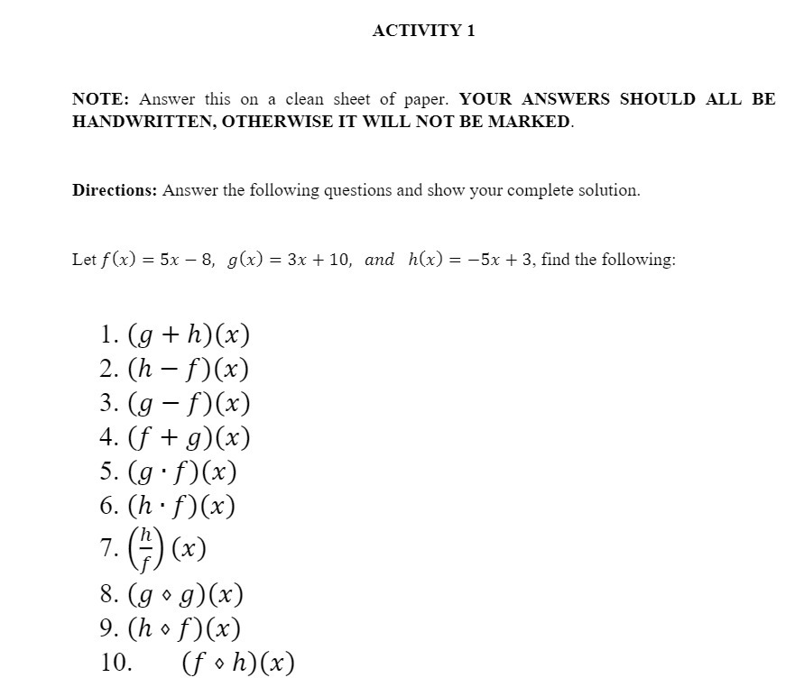 ACTIVITY 1 NOTE: Answer this on a clean sheet of