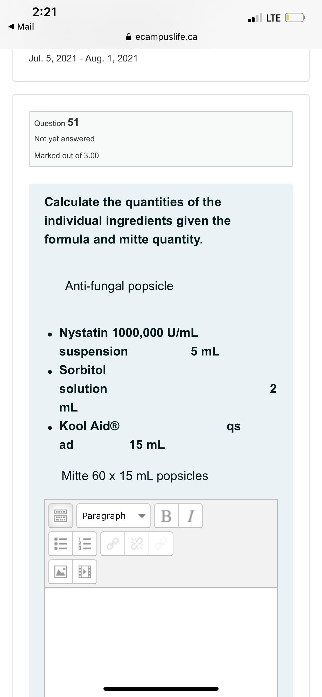 2:21 . LTE O Mail ecampuslife.ca Jul. 5, 2021 -