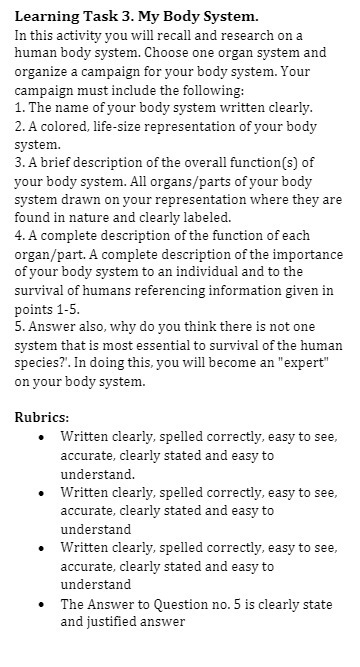Learning Task 3. My Body System. In this activity