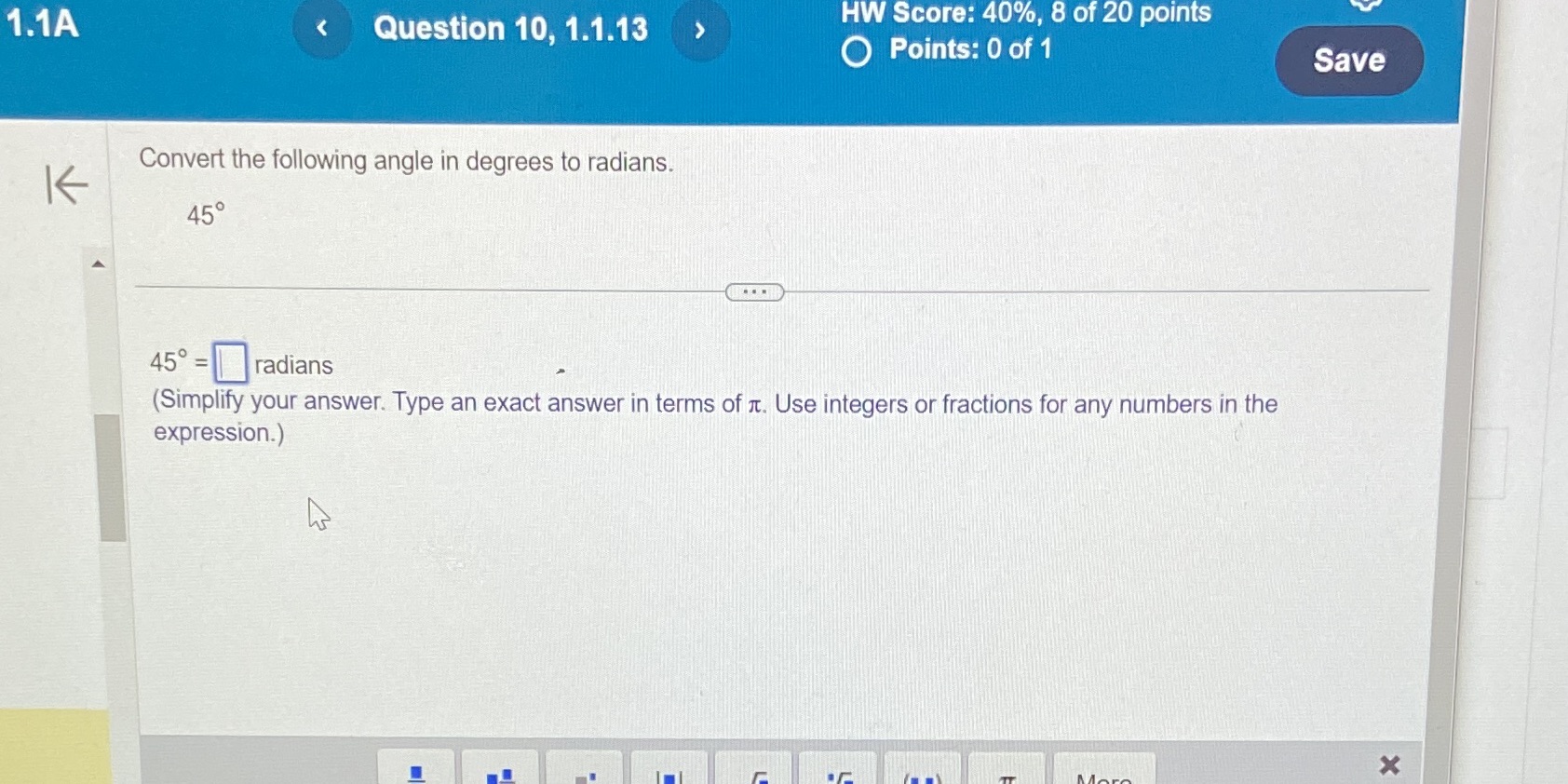 HW Score: 40%, B of 20 points 0 Points: 0 of 1