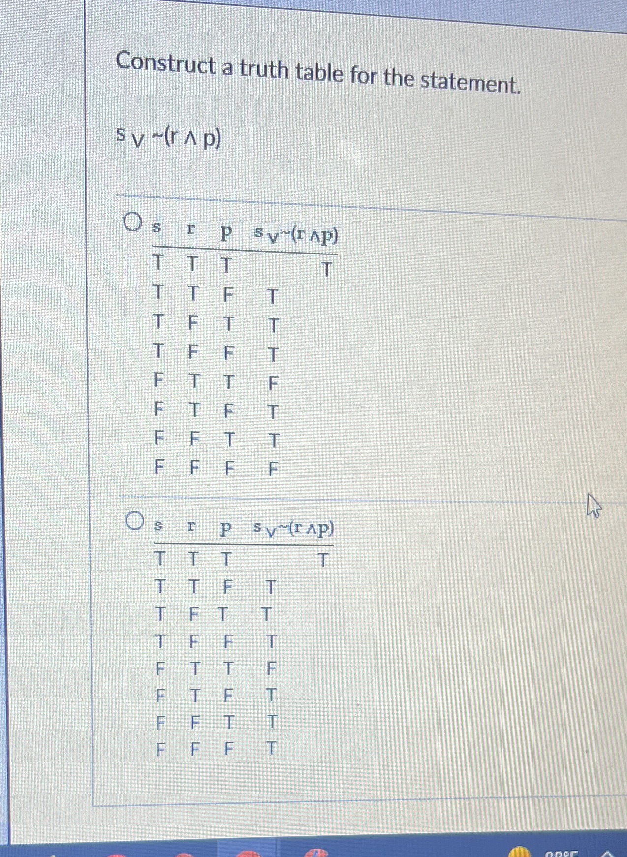 Construct a truth table for the statement. SV