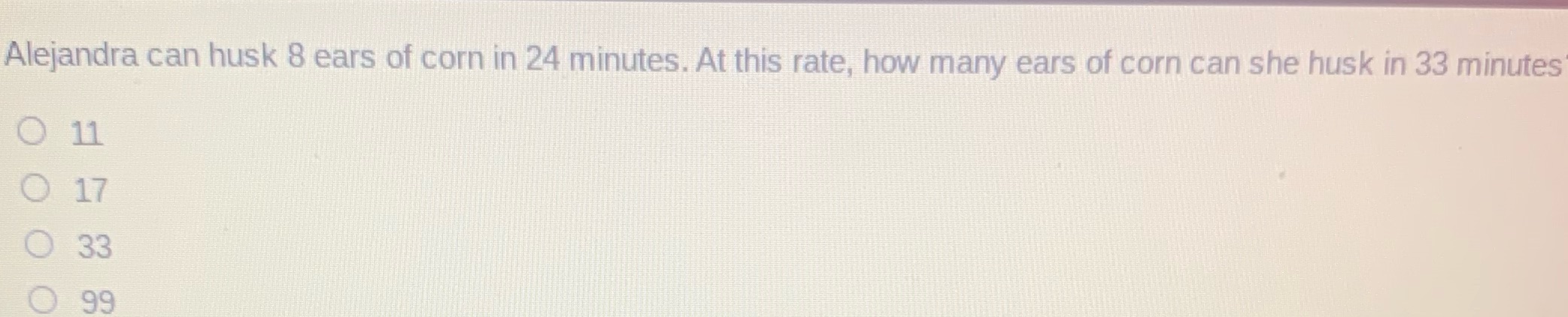 Alejandra can husk 8 ears of corn in 24 minutes.