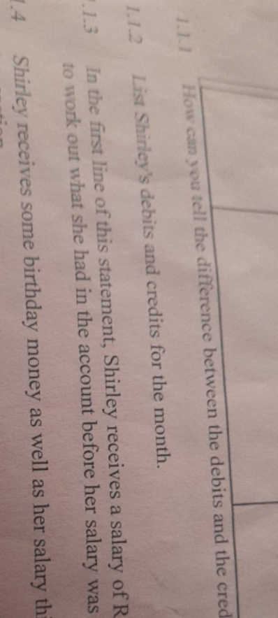 list Shirley's debits and credits 1.1.1 How can