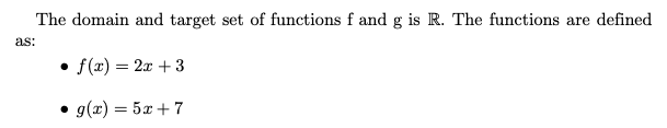 \fThe domain and target set of functions f and g
