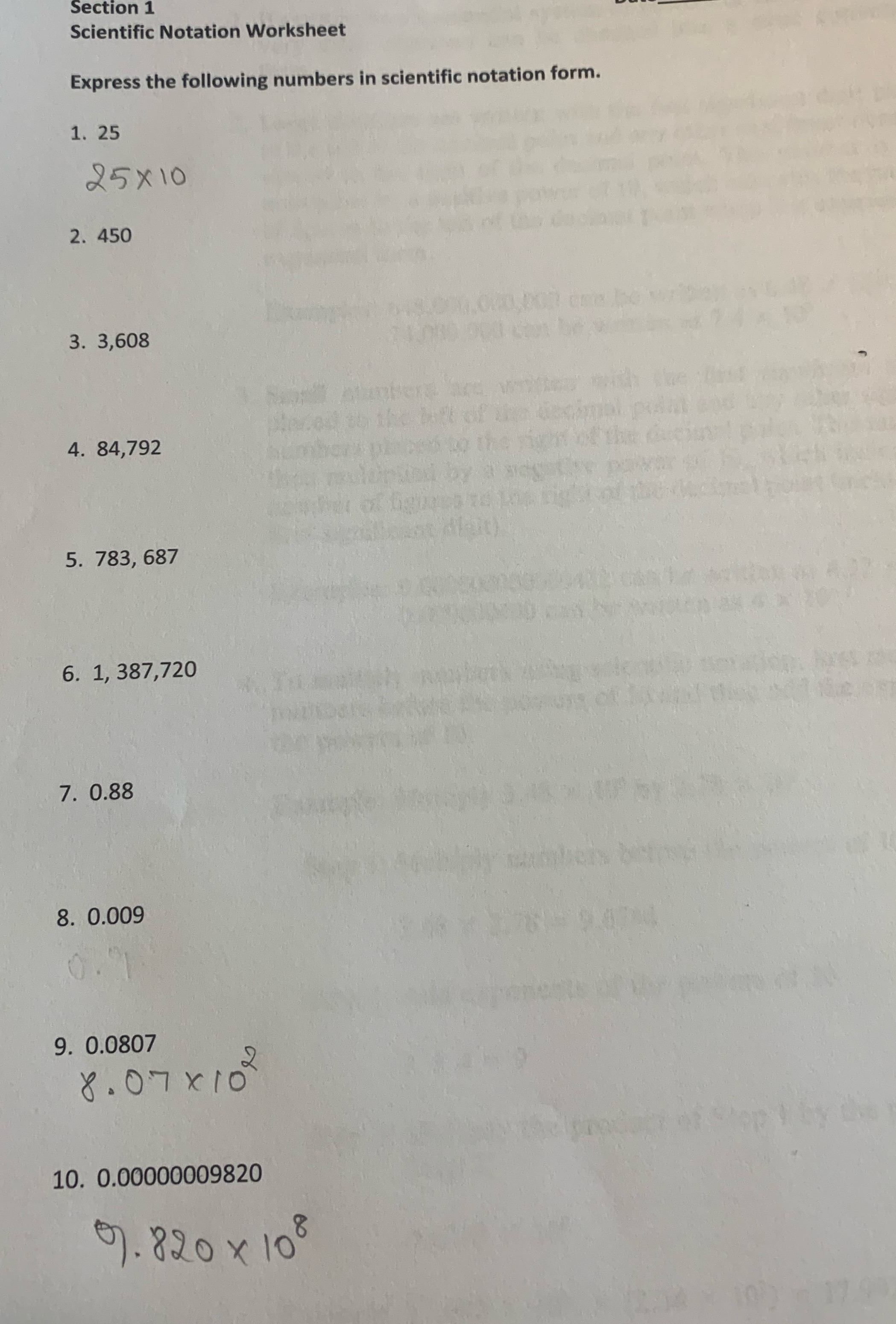 Section 1 Scientific Notation Worksheet Express