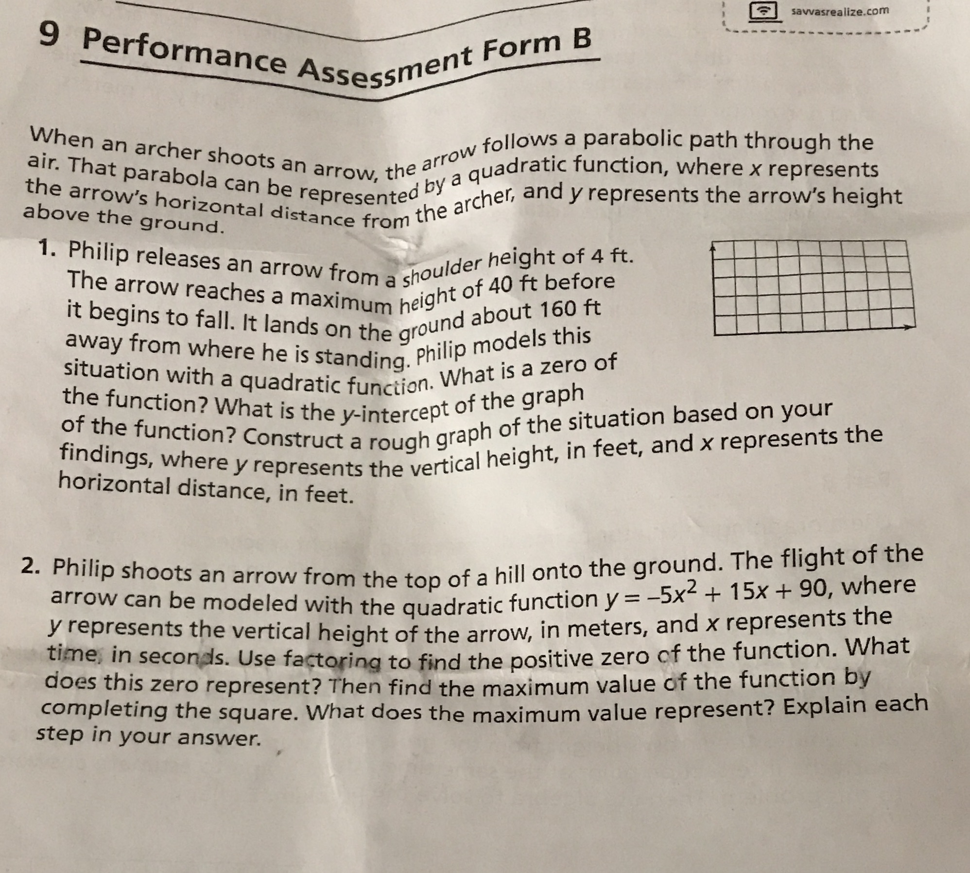 savvasrealize.com 9 Performance Assessment Form B