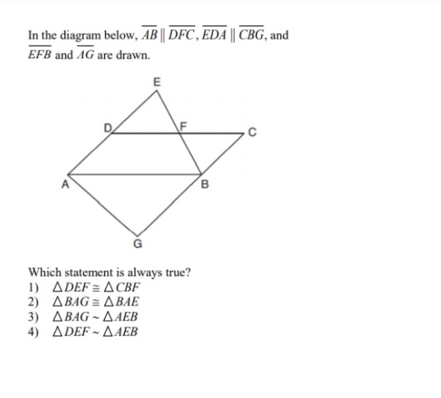 In the diagram below, AB || DFC, EDA | CBG, and