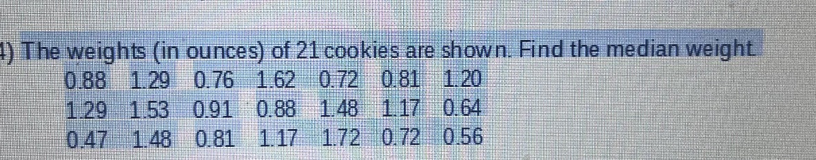 1) The weights (in ounces) of 21 cookies are
