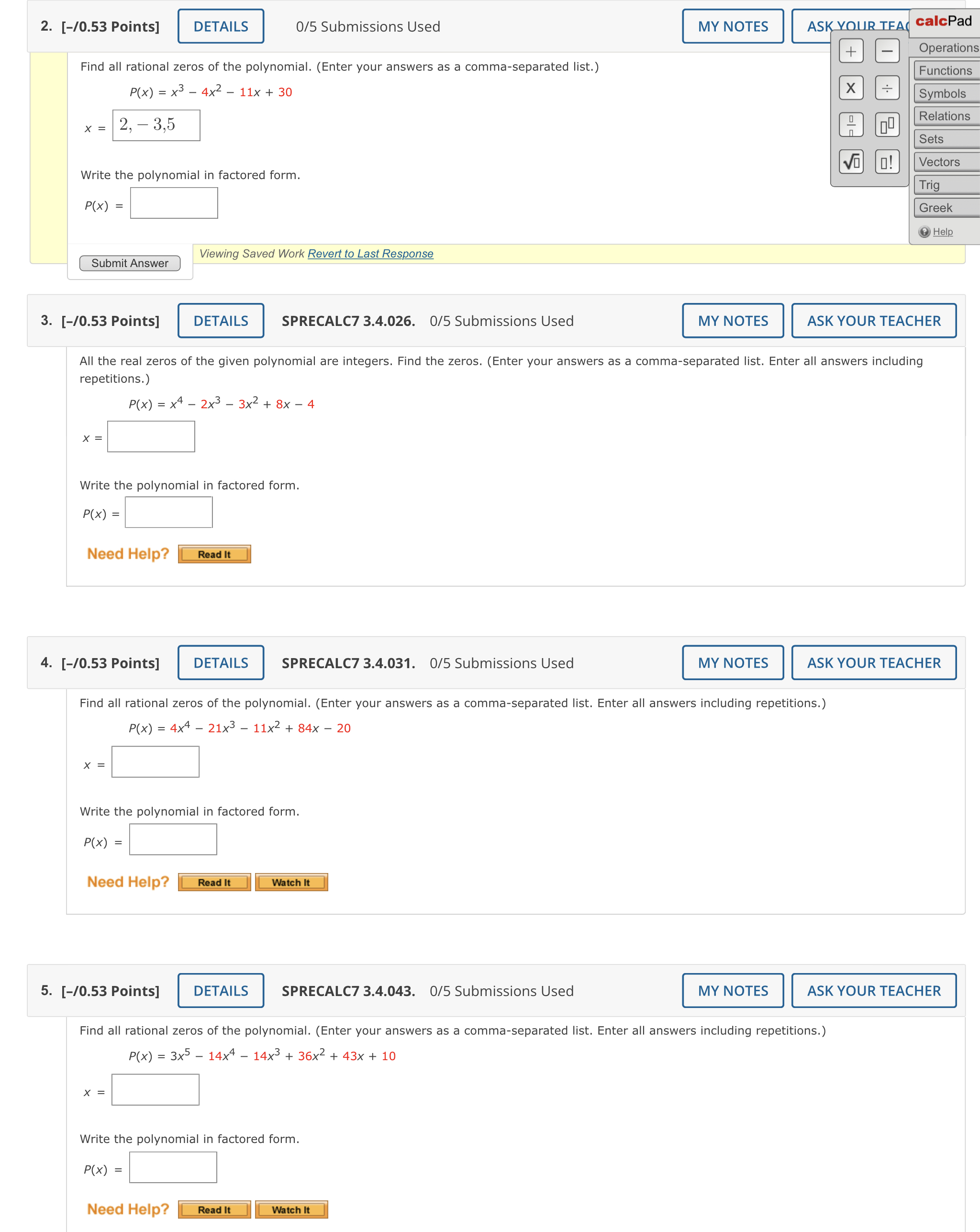 17. [-10.53 Points] DETAILS SPRECALC7 3.6.016.