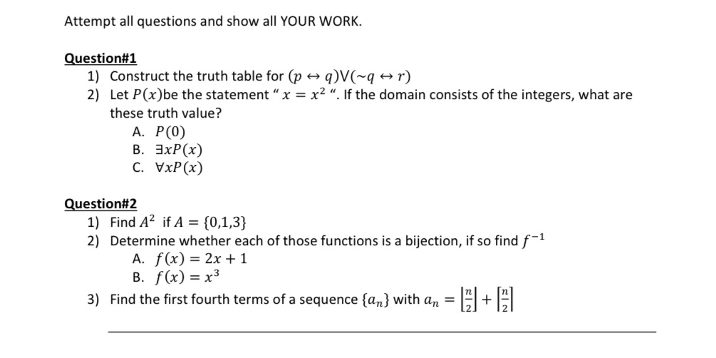 Discrete Math Attempt all questions and show all
