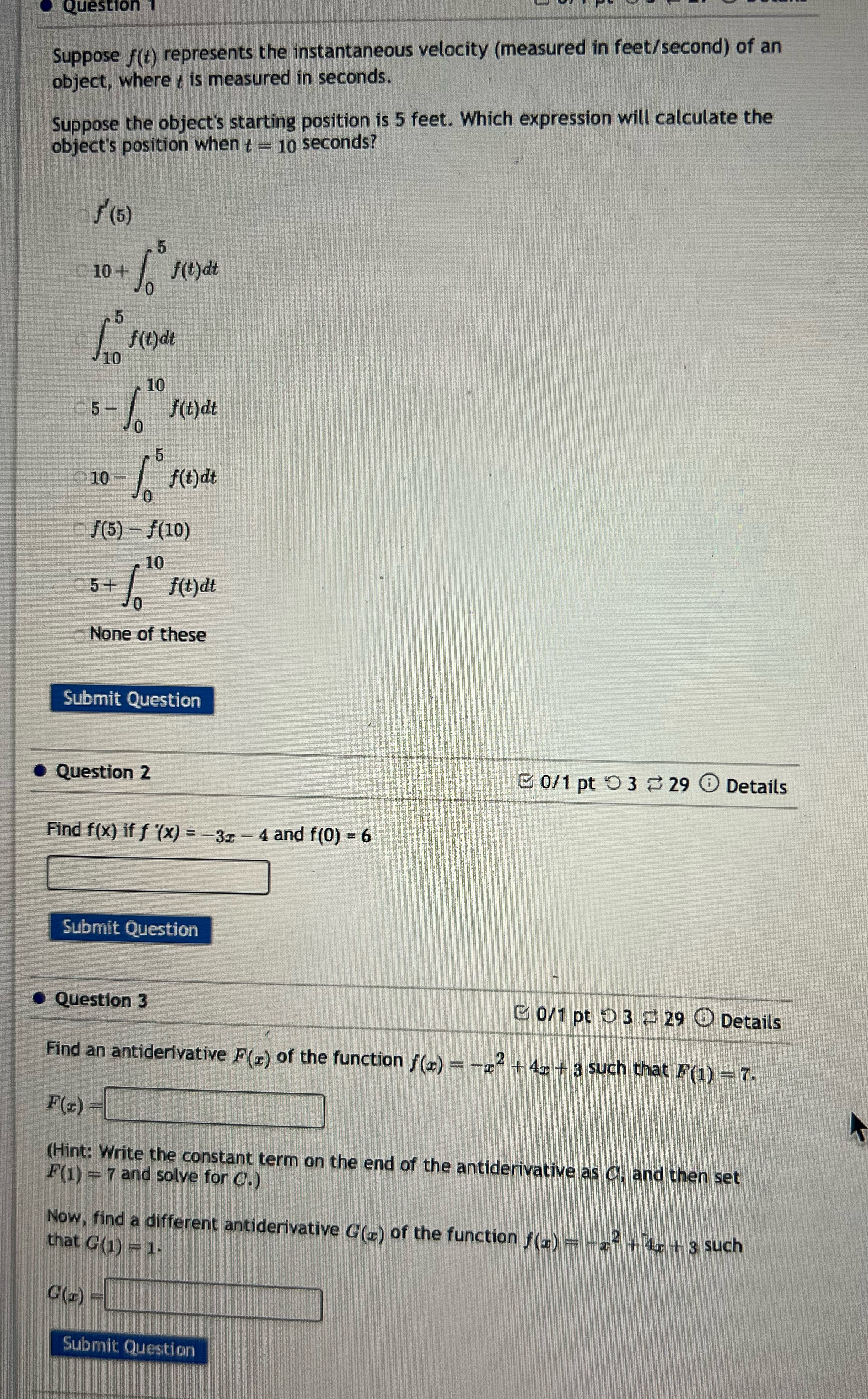 Question 1 Suppose f(t) represents the