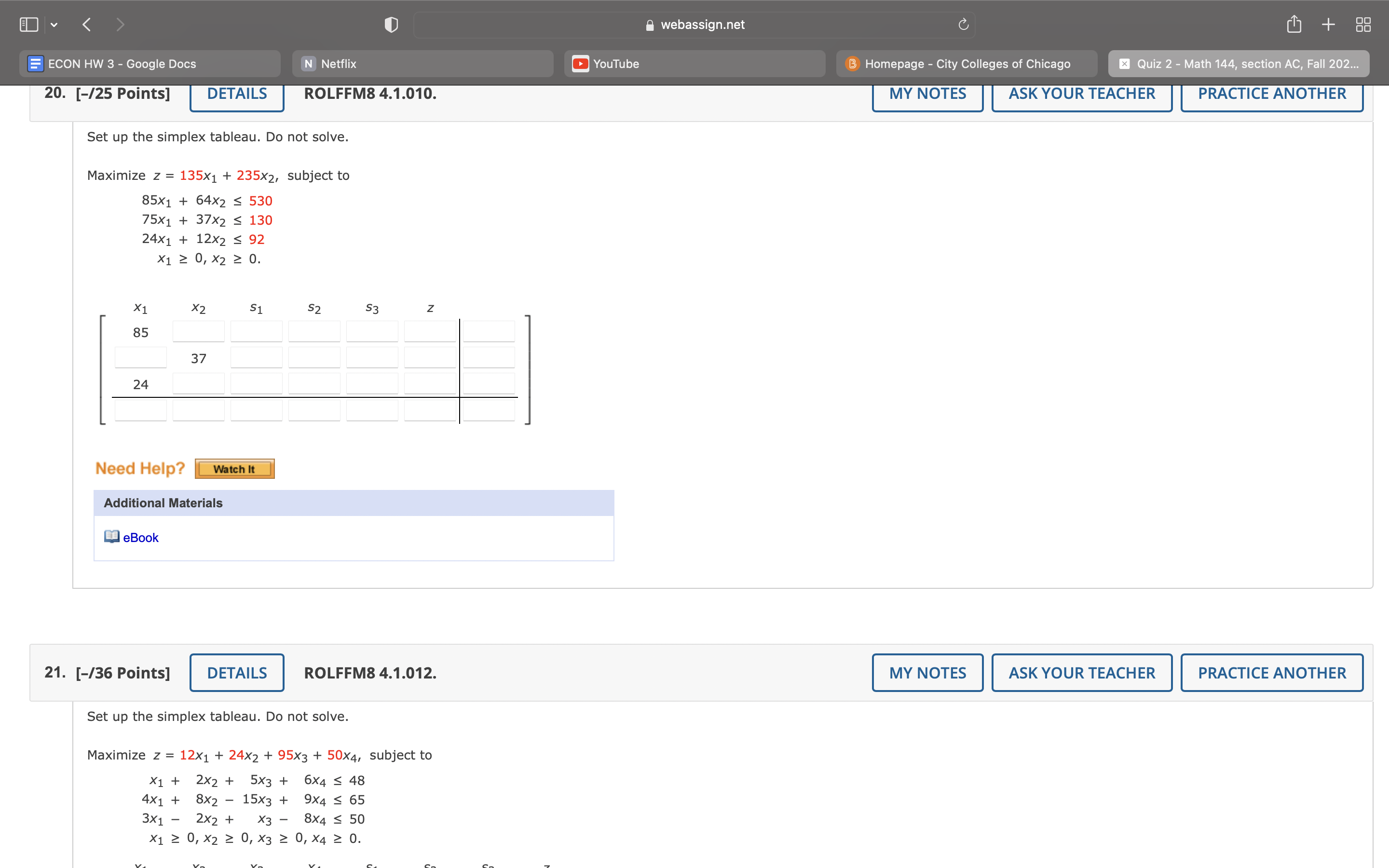answer questions 20 and 21. < webassign.net C +
