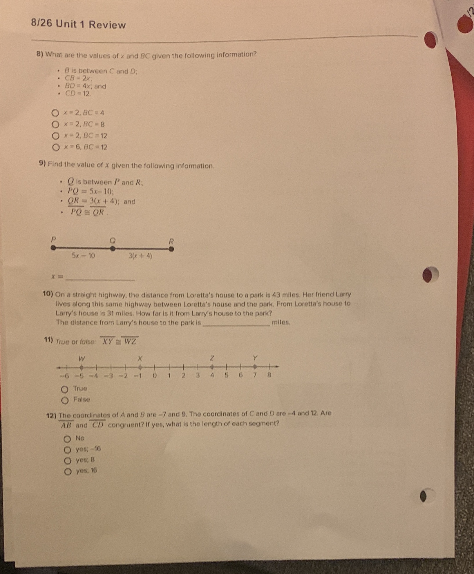 8/26 Unit 1 Review 8) What are the values of x