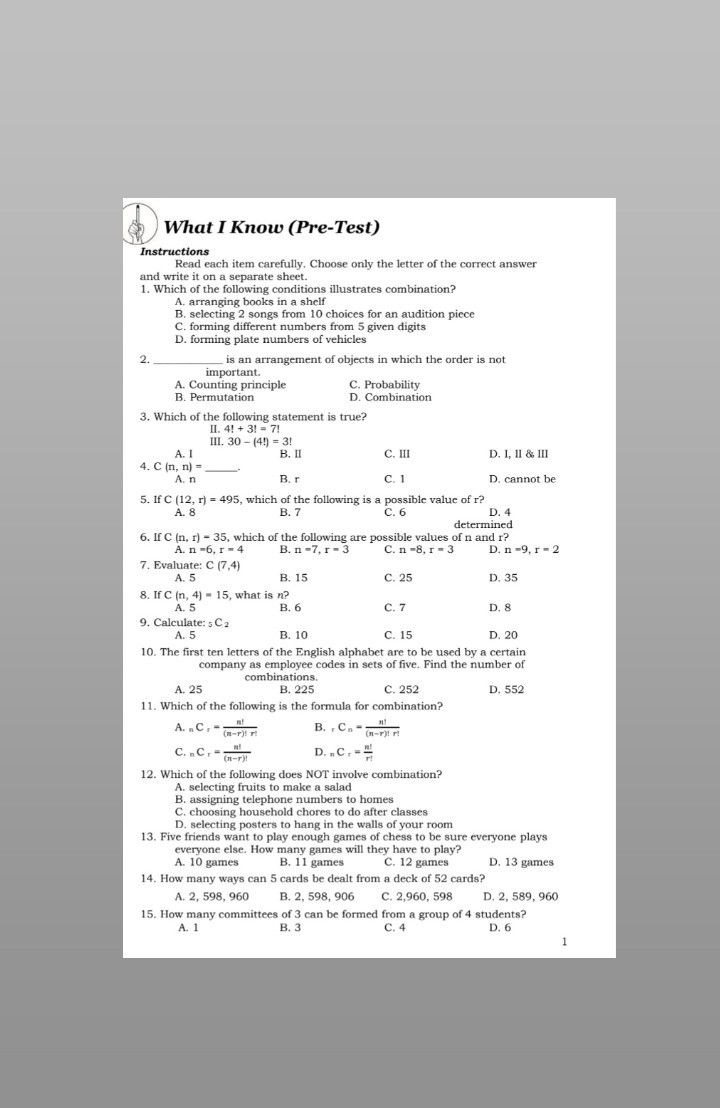 What I Know (Pre-Test) Instructions Read each