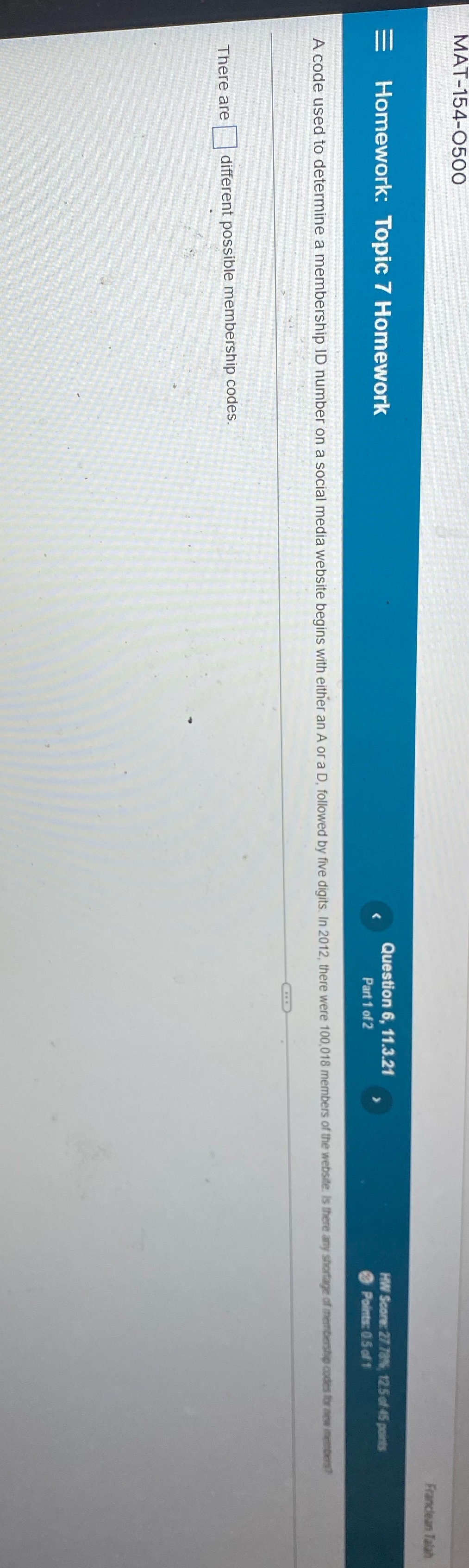 MAT-154-0500 Franclean Talan = Homework: Topic 7