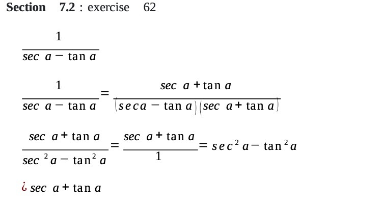 Section 7.2 : exercise 62 sec a - tan a sec a +