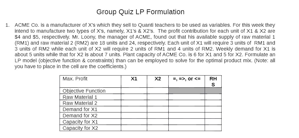 Group Quiz LP Formulation 1. ACME Co. is a