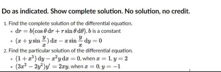 Do as indicated. Show complete solution. No