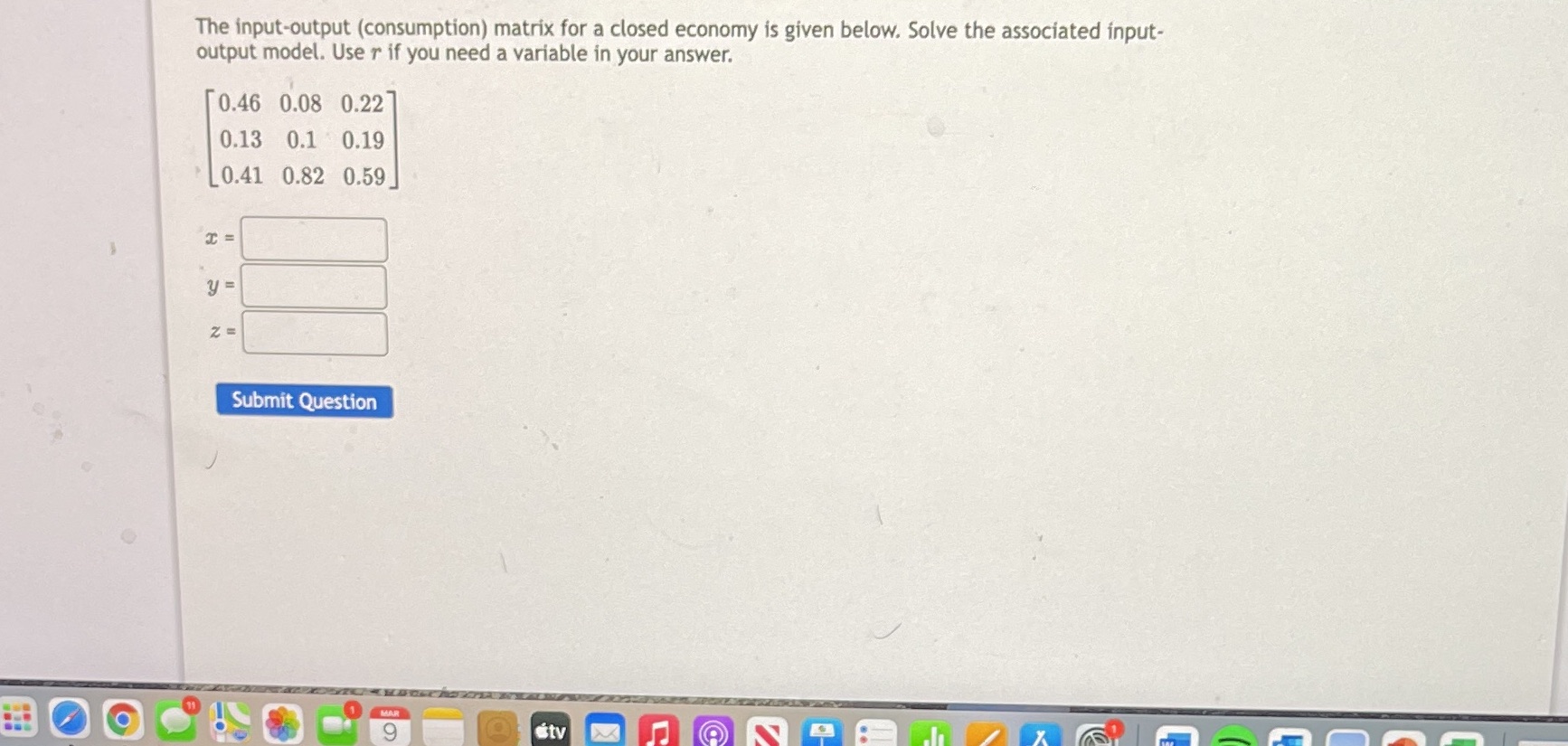 The input-output (consumption) matrix for a